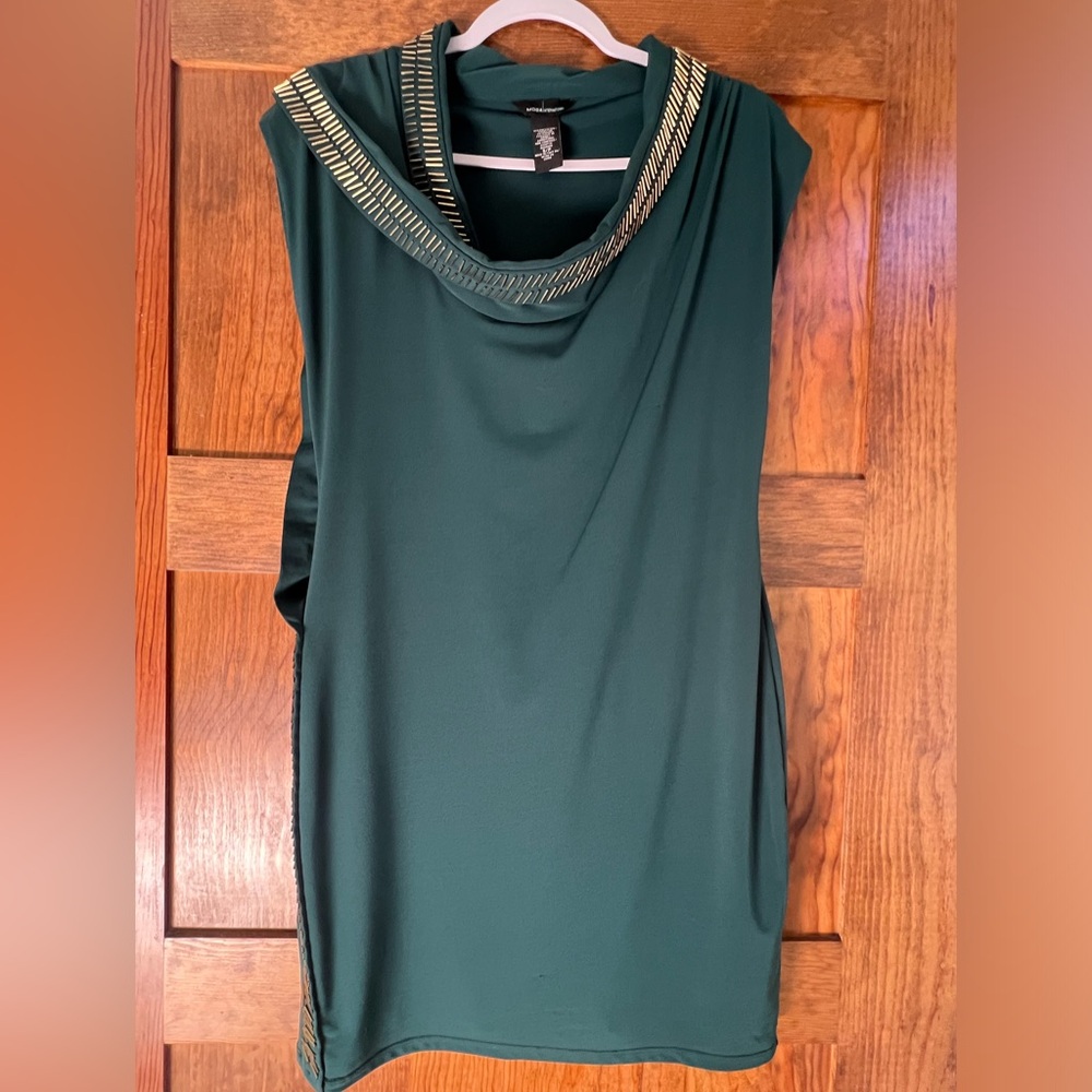 Moda International green fitted dress with gold beaded cowl neck and trim